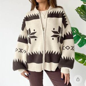 Cream and Brown Zip-Up Sweater